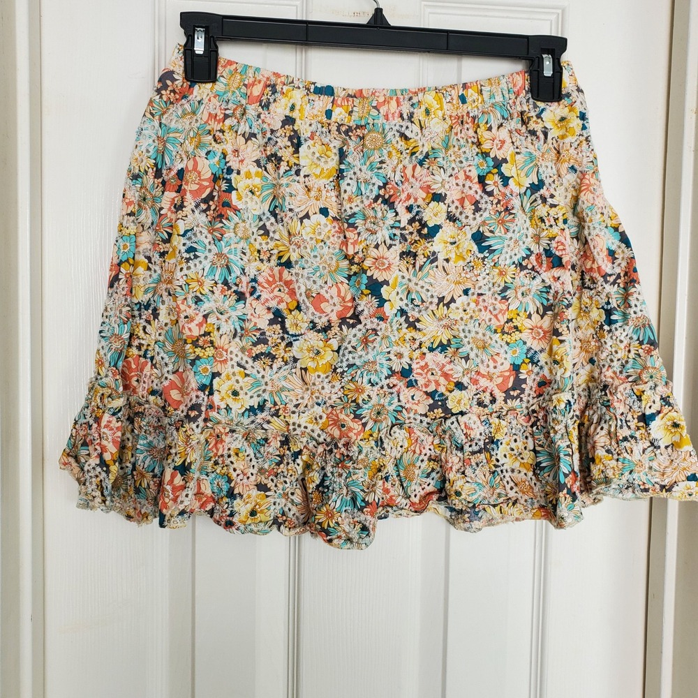 Solitaire Cottagecore XL Floral Eyelet Lace Ruffle Mini Skirt Multicolor Pastel - Picture 4 of 9